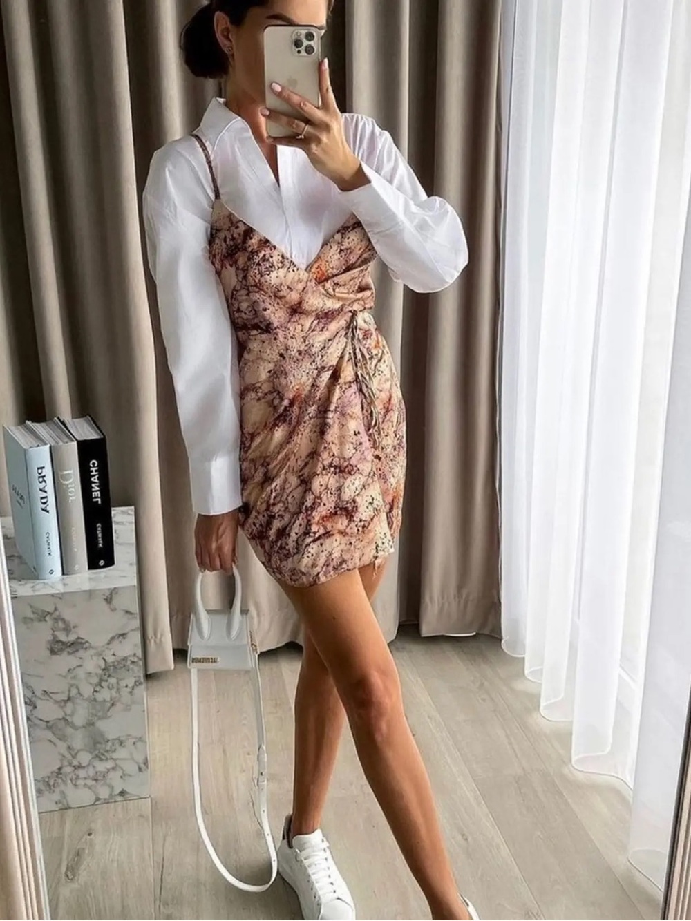 Zara Marble-Print Mini Dress in Beige and Pink Tones
